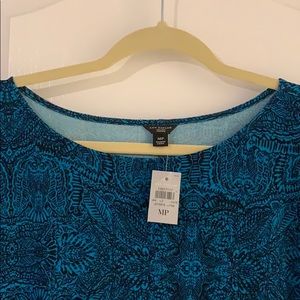 NWT ANN TAYLOR Teal Blue/Black Print Polyester Blend Short Sleeves Dress Size MP